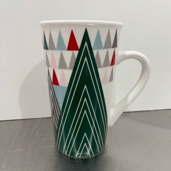 Starbucks tall white ceramic mug! Decorated with geometric, triangular Christmas - Picture 1 of 6